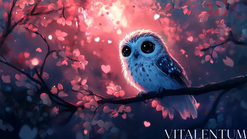 Cute wide-eyed owl on branch, dreamy fantasy digital art scene.