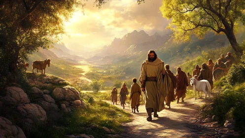 Sunlit shepherd teacher guiding travelers through green valley.