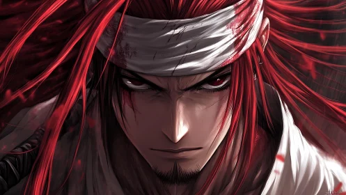 Red-haired warrior portrait with bloodstained headband.