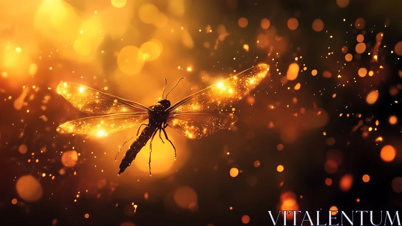 Golden dragonfly drifting through a glittering dusk sky.
