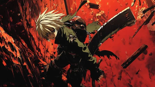 Dynamic anime warrior descending through debris with massive blade