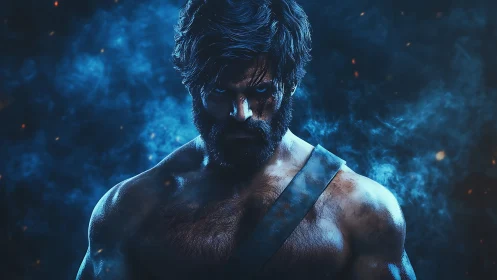 Brooding warrior emerges from blue smoke and ember-filled dark.