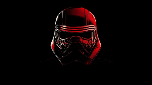 Red sci‑fi helmet portrait in stark neon edge lighting.