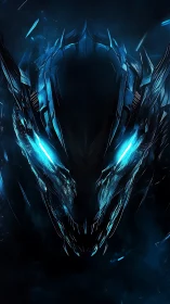 Cybernetic dragon head glows with blue bioluminescent energy