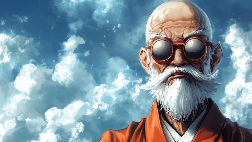 Elderly bald man in reflective goggles under volumetric cloudscape