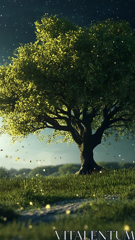 Golden evening tree glows softly under a dreamy starlit sky