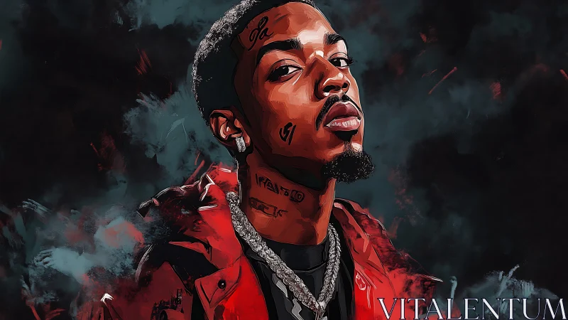 Digital portrait of confident man in red jacket and chains