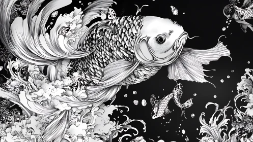 Intricate monochrome koi illustration explores dynamic aquatic motion