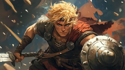 Blond fantasy warrior charging forward with sword and shield.