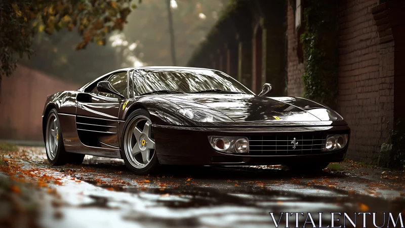 Black Ferrari sports car on wet autumn city street.