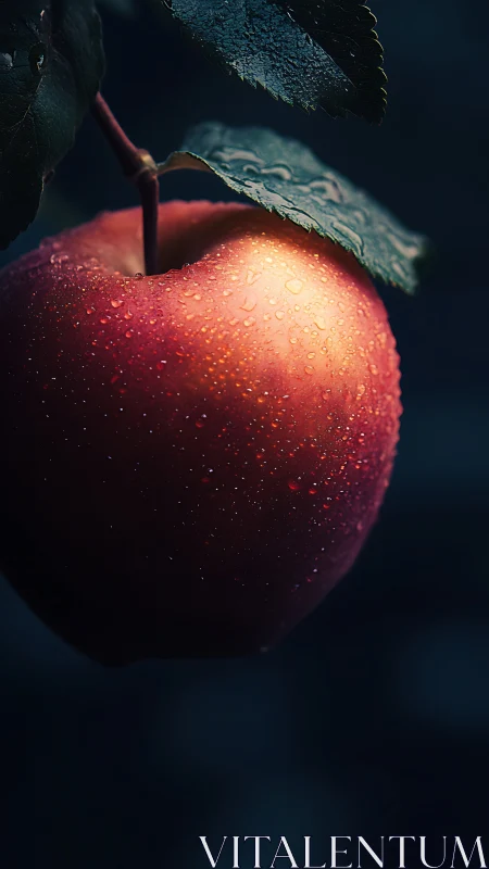 Glistening red apple hangs softly in the quiet evening light
