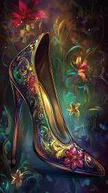 High-heeled shoe rendered with multicolor floral ornamentation
