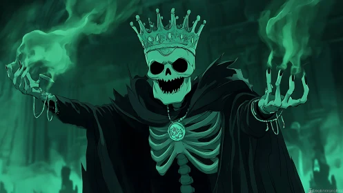 Skeletal crowned sorcerer with green ghostly flames.