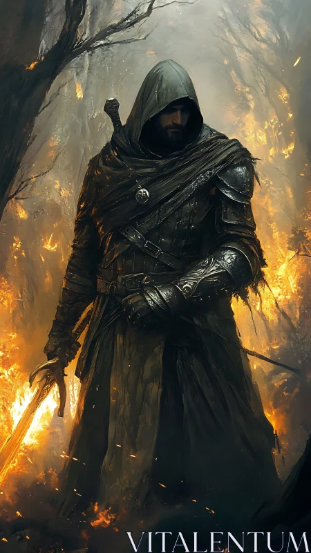 Hooded emberwalker strides through a collapsing forest inferno.
