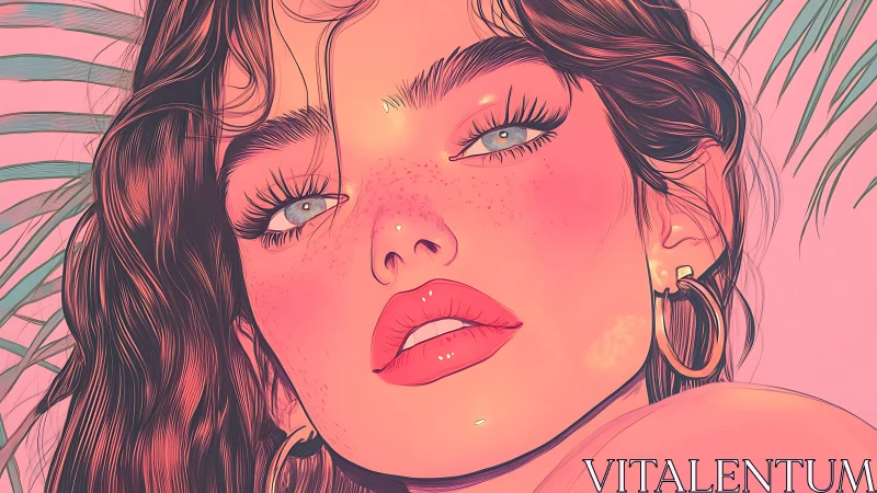 Close portrait shows stylized woman under soft pink light