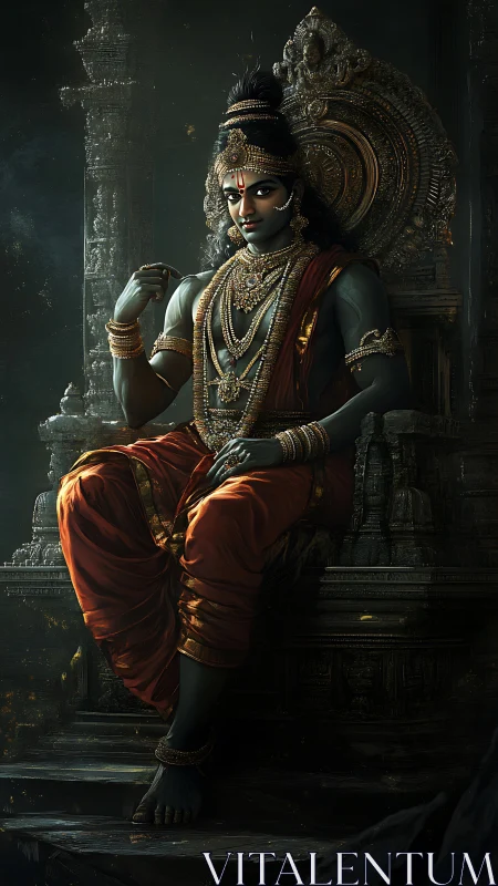 Regal deity seated on ornate throne under low directional lighting