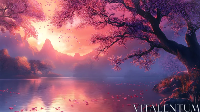 Blossom kissed lake glows beneath a dreamy twilight sky