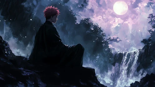 Moonlit waterfall hush with a quiet red-haired wanderer.