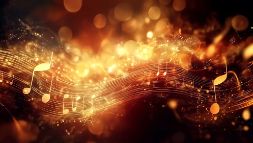 Golden music notes dancing in a glowing night sky.