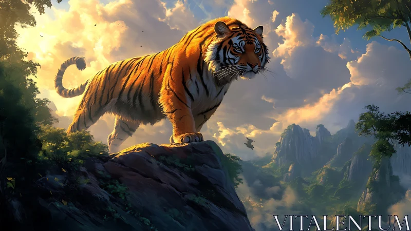 Tiger on elevated rock ledge in mountainous forest landscape.