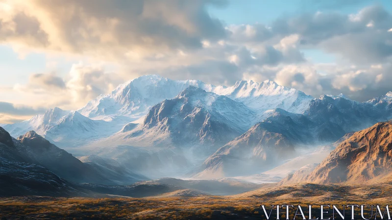 Sunlit alpine peaks rise above misty golden valley.