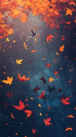 Autumn maple foliage and drifting leaves rendered with cool depth
