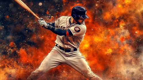 Dynamic baseball batter poised amid explosive abstract backdrop