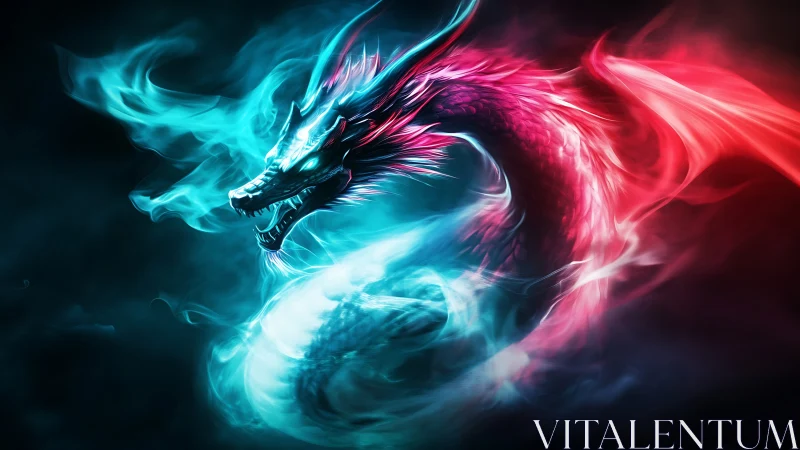 Bioluminescent dragon coils through neon smoke in motion