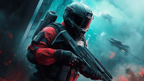 Heavily armored sci fi soldier advances through neon fogged warzone