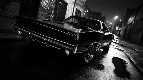 Photorealistic noir muscle car on wet urban backstreet at night.