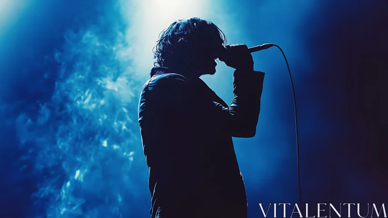 Silhouetted vocalist in concert backlight, high-contrast photorealism.