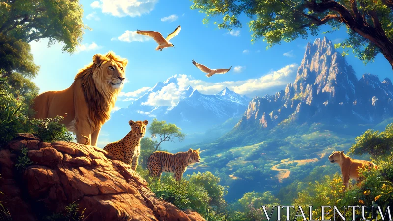 Lion Pride in Mountain Landscape with Flying Eagles