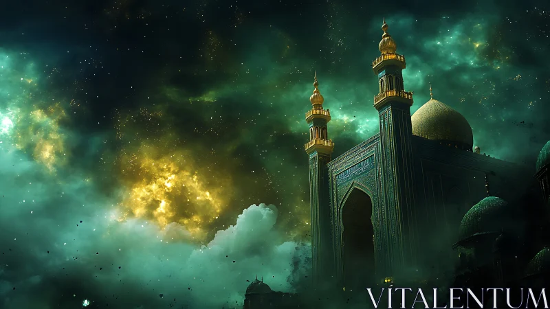 Celestial emerald mosque under turbulent nebular sky