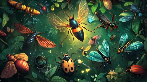 Firefly parade in a glowing midnight garden of bugs.