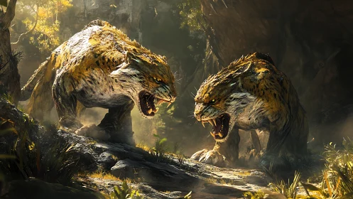 Two Snarling Wildcats in Misty Forest Confrontation