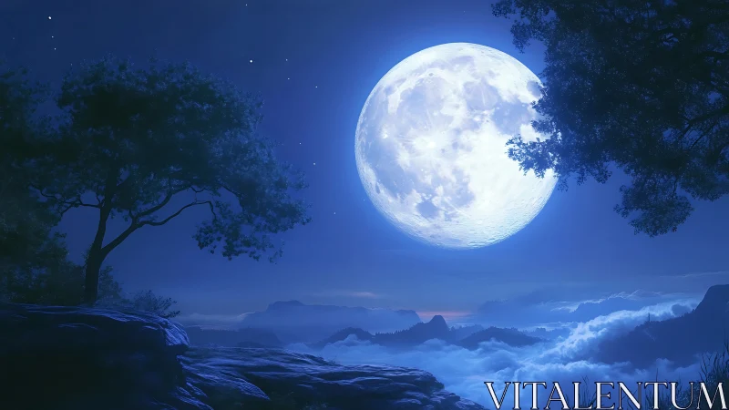 Moonrise above cloud oceans and whispering cliff trees.