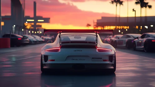 Rear track view shows white GT3 RS on wet pit lane at dusk