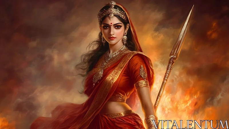 Warrior goddess in burning saffron silk, digital portrait.