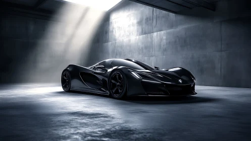 Black low-profile supercar in minimal concrete studio setting.