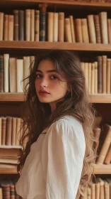 Soft portrait of young woman in warm-toned classic library setting
