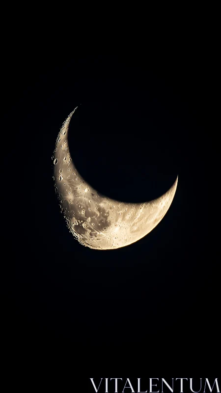 Sharp crescent moon close up in dark night sky.