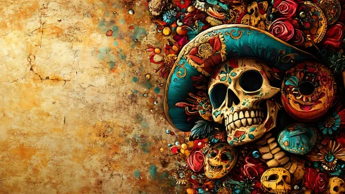 Baroque sugar skull portrait with teal hat and florals.