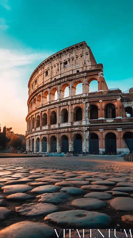 Colosseum stands under golden sunset and cyan sky glow.