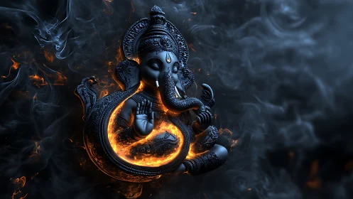 Rendered Ganesha sculpture appears within smoke and fire ring