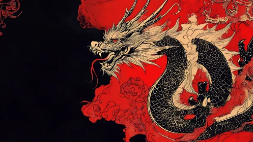 Coiled oriental dragon rendered in bold red and black ink