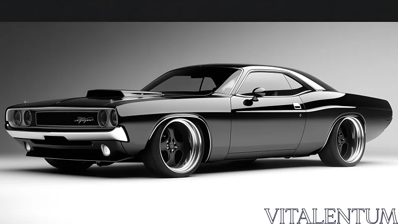 Black classic muscle car render showcases low, wide stance