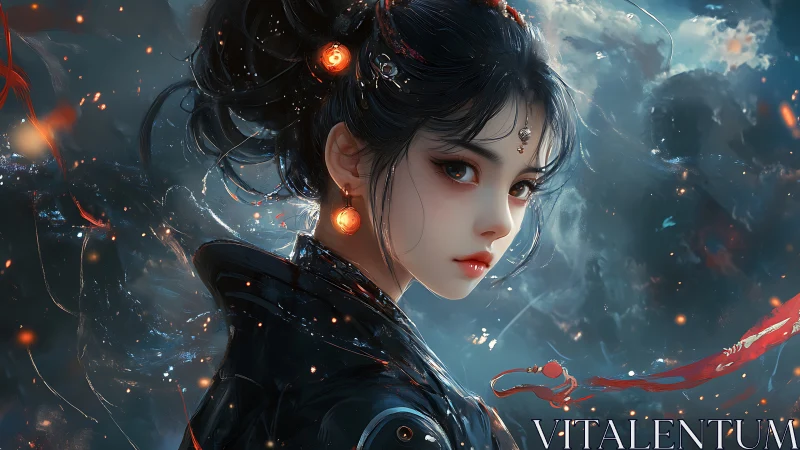 Celestial warrior gazes through swirling embers and mist.