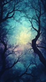 Enchanted twilight canopy with twisted silhouettes and mist.