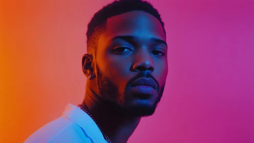 Neon gradient portrait in cinematic photorealistic lighting.