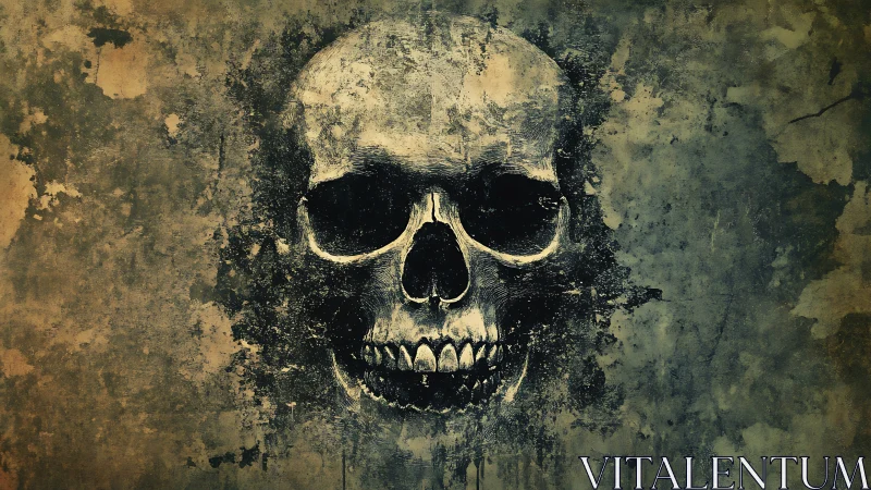 Textured monochrome skull illustration on distressed wall.